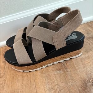 Sorel Beige and Black Strappy Wedge Sandals